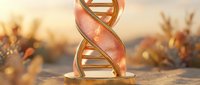 DNA double helix structure in golden metallic finish on sandy desert landscape at sunset, symbolizing genetic research, biotechnology, and scientific innovation in medicine.