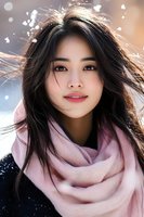 Young Asian woman with flowing black hair wearing pink scarf in winter snow, gentle smile and natural makeup against blurred bokeh background.