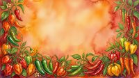 Colorful peppers and chili border frame with warm watercolor background, ideal for food packaging, recipe blogs, cooking websites, and culinary design projects.