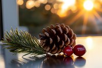 Pine cone with fresh evergreen branch and red cranberries on reflective surface against golden bokeh sunset light, creating festive winter holiday atmosphere.