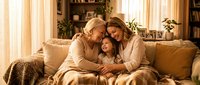 Three generations of women sharing intimate family moment on cozy living room sofa. Grandmother, mother and daughter embracing in warm home setting.