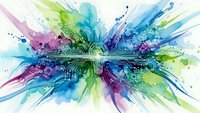 Vibrant watercolor explosion with digital circuit patterns in blue, green and purple hues creating dynamic abstract technology art on white background.