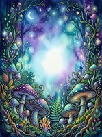 Enchanted forest gateway with glowing mushrooms, magical vines, and starlit night sky creating a mystical woodland portal for fantasy and nature designs.
