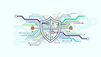Digital cybersecurity shield with circuit board connections and lock icons on white background for technology and data protection concepts.