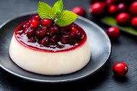 Creamy panna cotta dessert topped with fresh cranberry sauce and mint garnish on dark plate for gourmet dining and holiday celebrations.