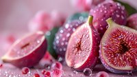 Fresh ripe figs cut in half showing juicy pink flesh with water drops, macro shot on pink background, soft focus food photography styling.
