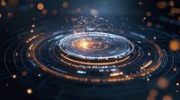 Glowing spiral of light with orange particles and blue circular lines creating futuristic technology portal effect against dark background. Digital art concept.