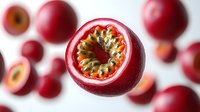 Fresh passion fruit cut in half showing seeds and pulp with whole fruits scattered on white background for healthy eating and tropical cuisine recipes.