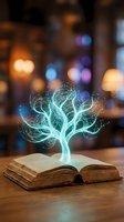 Glowing neon tree emerging from open vintage book on wooden surface with blurred warm and cool bokeh lights in background, symbolizing knowledge, imagination, learning, and creativity for educational and inspirational content.