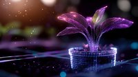 Glowing purple flower emerging from digital pot with sparkles and light effects against dark background, futuristic botanical concept for technology innovation.
