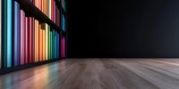 Colorful glowing vertical light tubes on dark wall with wooden floor creating vibrant reflections in empty modern interior space. Futuristic architectural design.