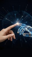 Human hand touching digital AI robot hand with glowing connection point creating spark of light representing artificial intelligence interaction and technology.