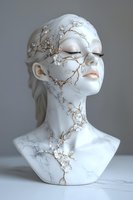 Marble-like female bust with delicate cherry blossom branches in gold and white, featuring closed eyes and serene expression against neutral background.