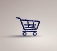 Hand drawn shopping cart sketch in dark blue ink on light background, minimalist doodle style with simple lines creating retail commerce symbol.