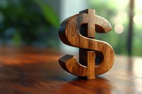 Wooden dollar sign symbol on table with natural lighting and bokeh background, representing finance, wealth, and business concepts.