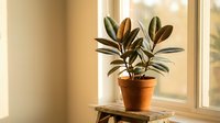 Rubber plant in terracotta pot on wooden stool by sunny window creating warm natural home decor atmosphere for interior design and houseplant care.