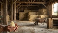 Young chick held in hands inside rustic barn with hay bales and wooden wheelbarrow, suitable for farm, agriculture, and rural lifestyle content.
