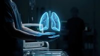 Medical professional displaying holographic lungs anatomy model for respiratory health diagnosis and treatment planning in modern healthcare facility.