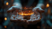Magical glowing city miniature floating between hands with sparkles and light particles, creating surreal fantasy atmosphere against dark background with bokeh lights.