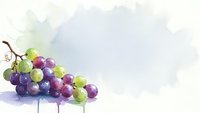Watercolor grapes cluster with purple green berries and vine leaf on soft pastel background for wine labels and organic food designs.