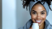 Young African American woman with curly hair in towel applying lip balm after shower, skincare routine, natural beauty, self-care, morning ritual, wellness lifestyle.