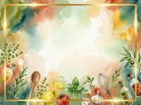 Watercolor cooking background with fresh ingredients, kitchen utensils, and botanical elements arranged around bright center space for recipe, menu, or culinary design projects.