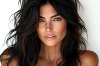 Tanned Mediterranean woman with long dark wavy hair, natural makeup and glowing skin looking directly at camera against light background. Perfect for beauty and cosmetic advertising.