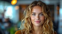 Young woman with wavy blonde hair and blue eyes smiling warmly at camera in soft ambient lighting, natural makeup look and glowing skin against blurred background.