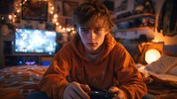 Young Caucasian male gamer in orange hoodie playing video games at night in cozy room with ambient lighting and TV screen in background, focused on gaming controller.