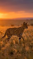Serval cat walking through golden grassland during dramatic sunset with warm orange sky and soft natural lighting in African savanna wilderness.