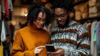 Young African American couple shopping together in clothing store, looking at smartphone, wearing cozy autumn sweaters in warm retail environment.