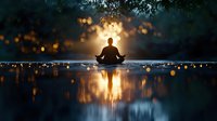 Silhouette of person meditating on water surface at sunset with magical bokeh lights and reflection creating peaceful spiritual atmosphere. For wellness and mindfulness content.