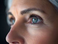 Close-up view of bright blue eyes with natural makeup and long eyelashes against dark background, capturing intense gaze and facial features in soft lighting.