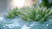 Succulent plant with morning dew drops on green pointed leaves creating fresh natural macro composition against soft blurred background for wellness and spa designs.