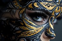 Close up of eye with ornate gold and black carnival mask featuring intricate swirling patterns, pearls and metallic paint details. Dramatic artistic makeup for masquerade.