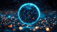 Glowing blue digital sphere with network connections floating over blurred bokeh lights background, representing global technology and connectivity concept.