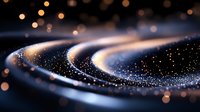 Glowing spiral wave with golden particles and bokeh lights on dark background creates magical cosmic atmosphere for luxury design projects.