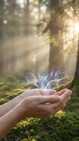 Cupped hands holding glowing digital plant sprout in sunlit forest with magical light rays and bokeh effects for environmental technology concepts.