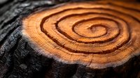 Tree rings on wooden stump cross section with spiral pattern in warm orange sunlight, showing annual growth circles and natural wood texture detail.