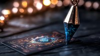 Mystical pendulum hovering over tarot card with blurred bokeh lights in background, creating magical fortune telling atmosphere for spiritual readings.