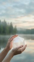 Hands holding geometric crystal against serene lake landscape with misty forest and dawn sky, symbolizing nature protection and environmental care for wellness concepts.