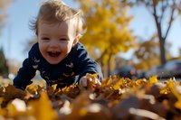 Joyful toddler boy in navy sweater playing in fallen autumn leaves during golden hour, expressing pure happiness with genuine laughter in park setting.