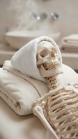 Skeleton wrapped in white towel relaxing in spa bathroom setting with sink and faucet, representing wellness, self-care, humor and relaxation concepts for design projects.