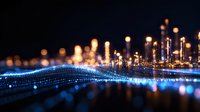 Glowing digital wave with blue light particles and golden bokeh effects on dark background creates futuristic technology visualization landscape.