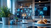 Smart home automation interface with digital icons floating above kitchen counter featuring coffee cup and croissant breakfast setup in modern connected living space.