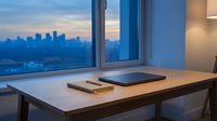 Wooden desk with laptop and notebook near window overlooking city skyline at dusk, modern office workspace setup for remote work and business productivity.