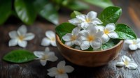Delicate white plumeria flowers with yellow centers in wooden bowl on dark rustic table, surrounded by scattered blooms and green tropical leaves.