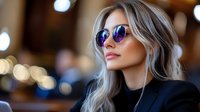 Young blonde woman wearing mirrored sunglasses and black blazer against blurred bokeh background, looking away with confident expression. Modern urban lifestyle.