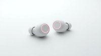 Pair of white wireless earbuds with pink accents isolated on white background, ready for product design, marketing materials, and tech-related projects.