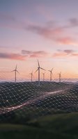 Solar panels and wind turbines at sunset creating sustainable energy landscape with pink purple sky for renewable power concepts and green technology.